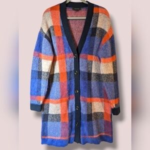 Ann Taylor Blue Orange Plaid Longline Button-Up Oversized Boyfriend Cardigan